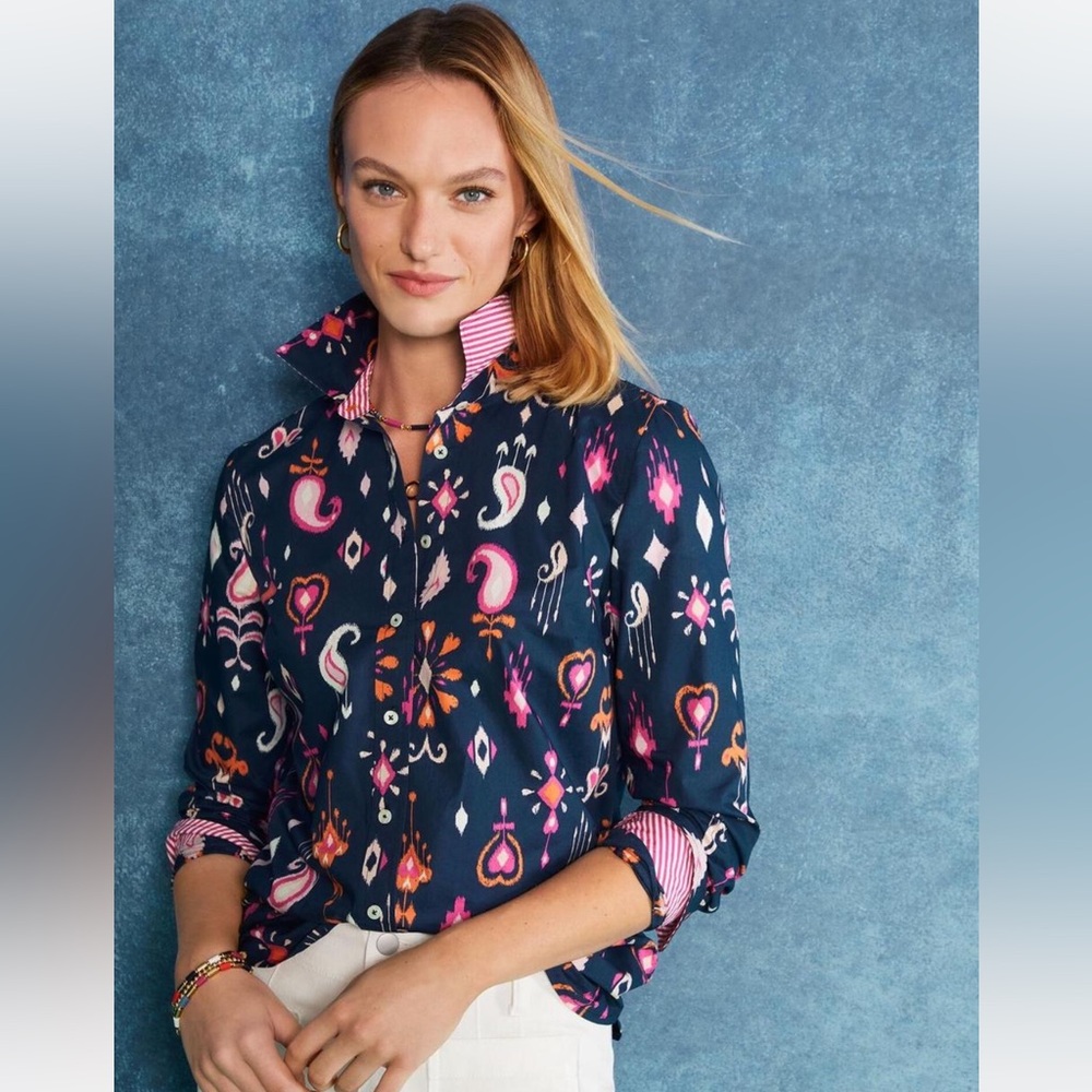 Women's Talbots Cotton‎ Button Front Shirt Ikat Paisley Size Small Navy